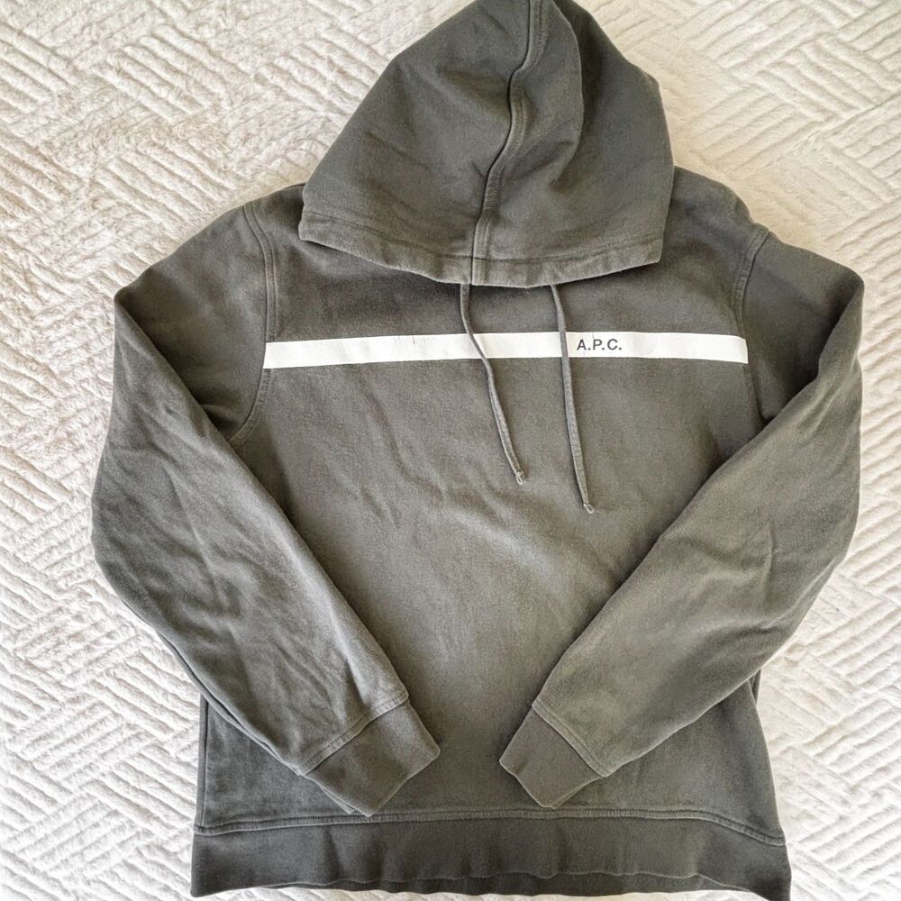 A.P.C. Size L Adult Gray Logo Stripe Pullover Hoodie Cotton Sweatshirt Mens